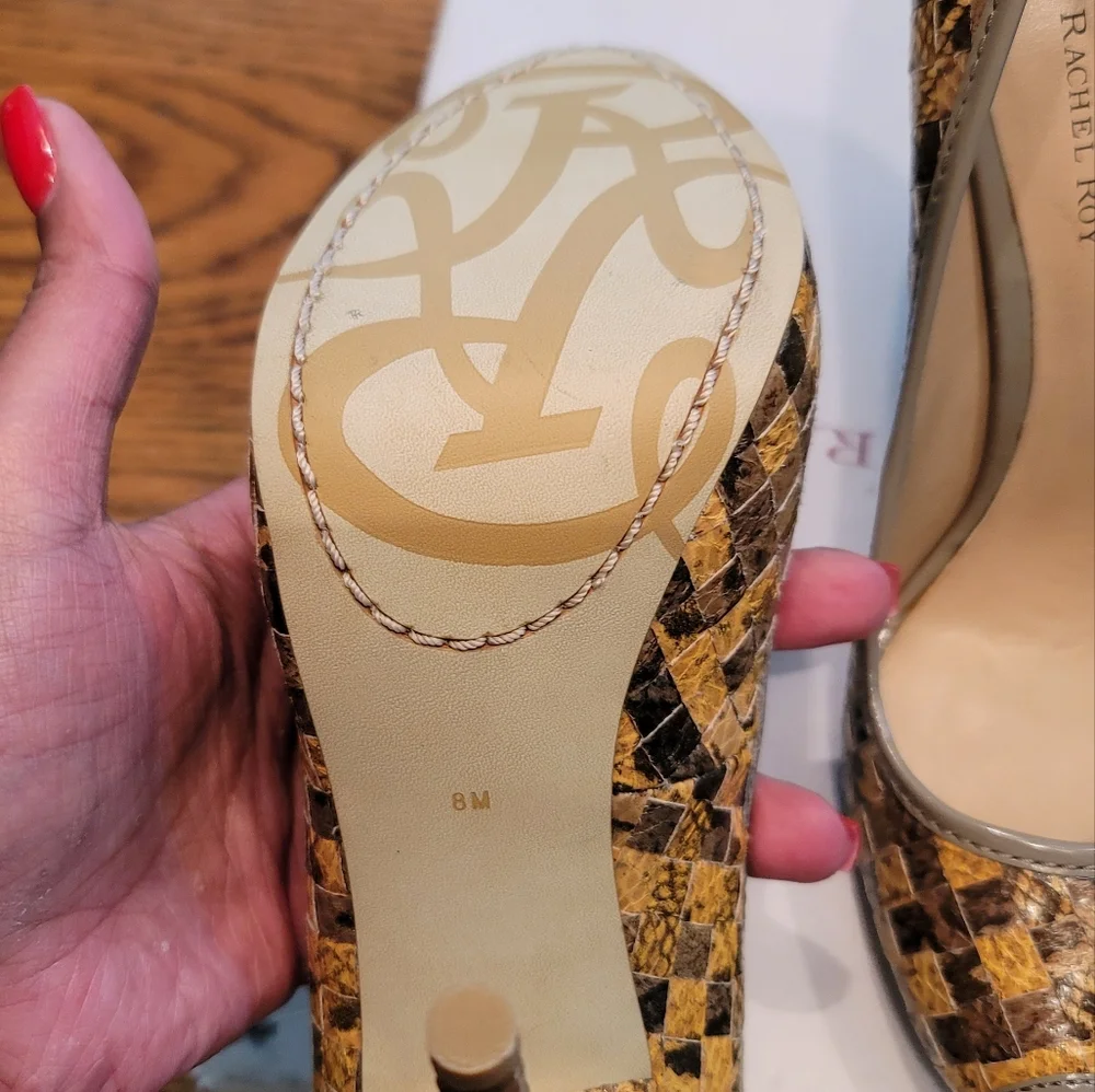 NWT Rachel Roy Snakeskin Mustard Yellow Gold Gray Taupe Tan Beige Peep Toe Heels - Picture 7 of 10